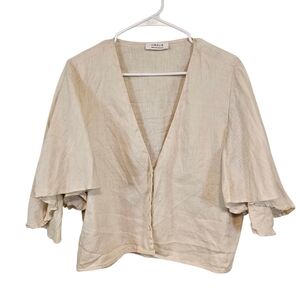 Amalie Linen Cream Button Down Quiet Luxury Old Money Flutter Sleeve Beige Top